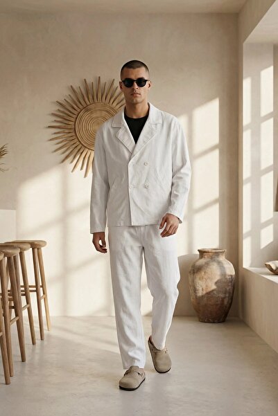 MADZEYMODA Ανδρικό Λινό Σετ Μπουφάν και Φαρδύ Παντελόνι Λευκό Κάτω Μέρος Ελασ...