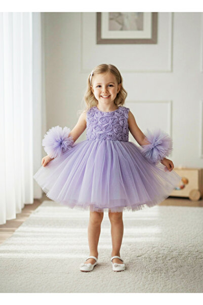 Delfini kids Pompom Sleeves Rose Patterned Tulle Party and Birthday Dress
