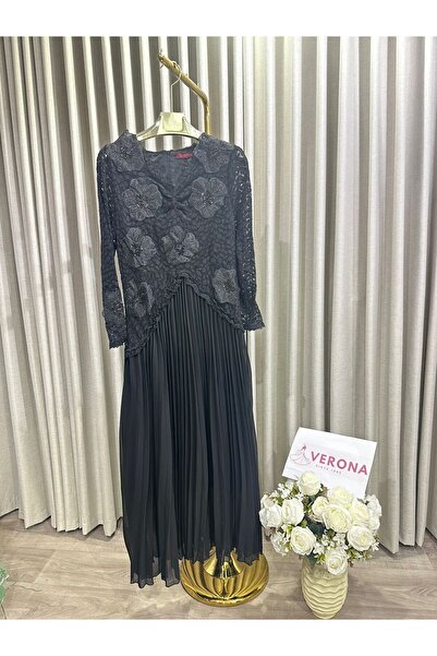 Verona Women's long Lace dress with attached pleated skirt – beige color