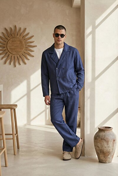 MADZEYMODA Jachetă in pentru bărbați, pantaloni largi, bleumarin, set cu șire...