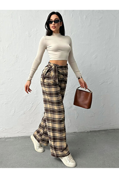 Nes Moda Yandan Şal Bağlamalı Ekose Desenli Pantolon