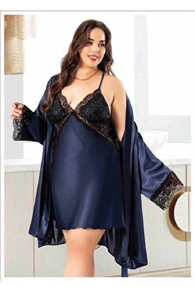 Viselya Δαντέλα Λεπτομερές σετ νυχτικών-ρόμπων σε μπλε σατέν μεγάλου μεγέθους