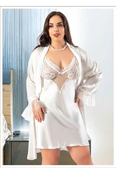 Viselya Δαντέλα Διαφανές Λεπτομερές Λευκό Σετ Ρόμπας-Νυχτικού Μεγάλου Μεγέθους