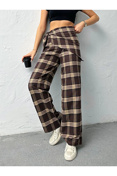Nes Moda Yandan Şal Bağlamalı Ekose Desenli Pantolon