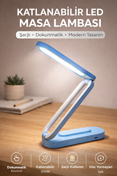 Edison Mavi Katlanabilir LED Masa Lambası 3 Işık Modu Şarjlı Dokunmatik Masa ...