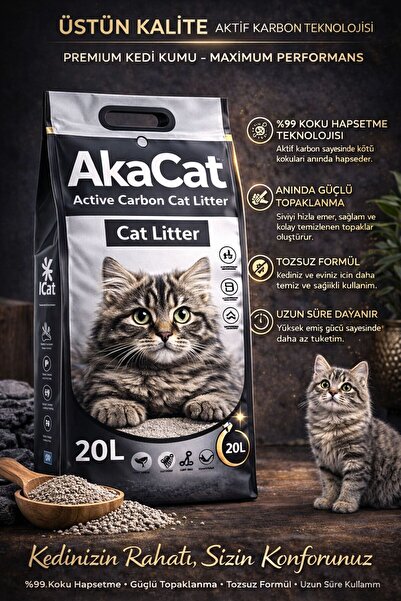 AKACAT Premium Aktif Karbonlu Topaklanan Kedi Kumu 20 lt