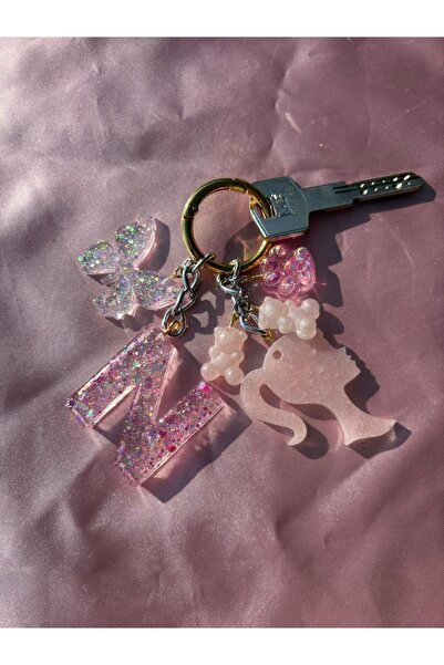 meloradesign N Harfli BARBİE GOLD halka Epoxy kelebek charm ponponlu anahtarlık