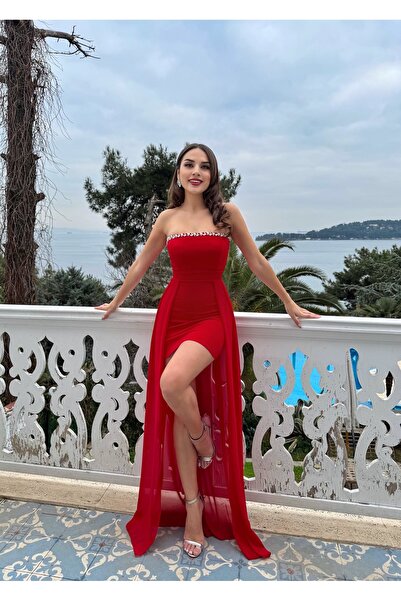 MBK Fashion Straplez Taşlı Önü Kısa Arkası Uzun Şifon Elbise