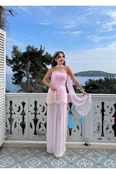 MBK Fashion Straplez Şal Detay Uzun Abiye Elbise