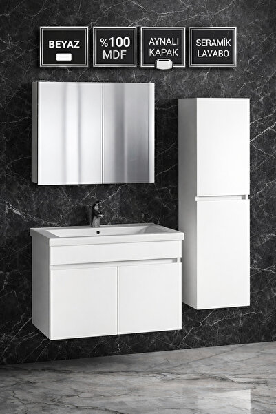 Multi Series 80 cm Beyaz Banyo Dolabı Takımı - Seramik Lavabolu Aynalı Hazır ...