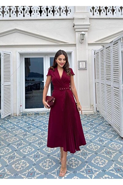 MBK Fashion Kruvaze Yaka Piliseli Kemerli Midi Elbise