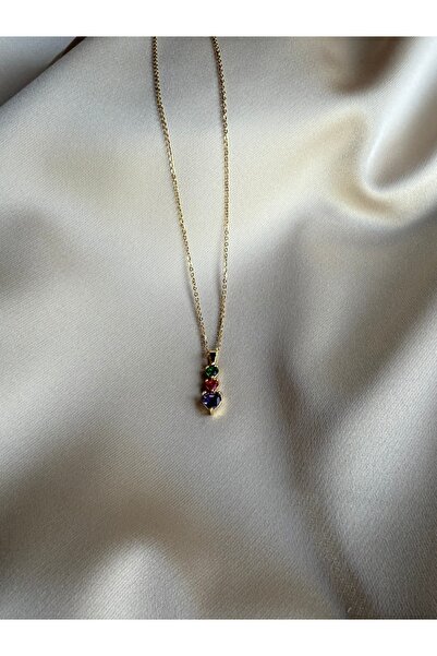 Pidobo Renkli Üç Kalp Taşlı Çelik Kolye