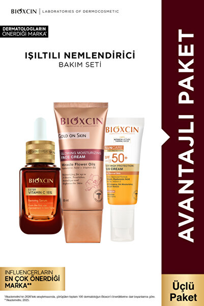 Bioxcin 3'lü Işıltı Seti | C Vitamini Serum + Gold On Skin Krem + Güneş Kremi