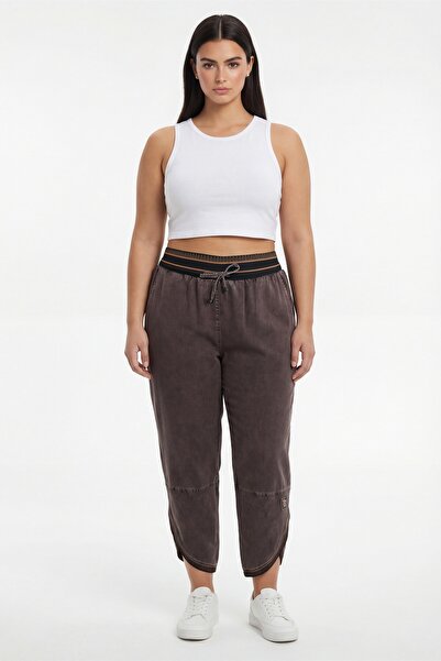 EXİTLİNE Women's Brown Summer Pants Drawstring Waist, Ribbed and Elastic Hem ...