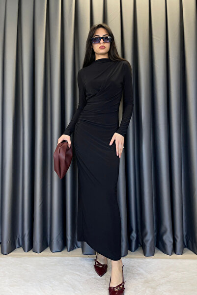 Mistix Drape Yaka Slit Long Dress - Black Black