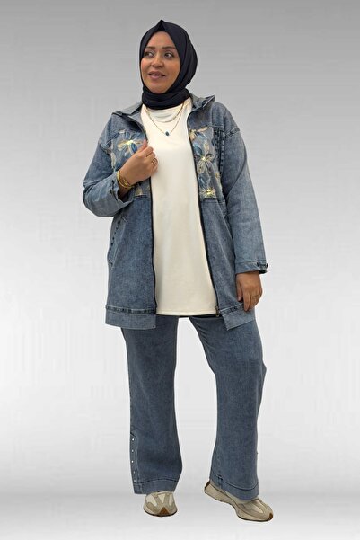 Eslina 53068 Büyük Beden Bebe Lastik Detaylı Kot Ceket - Mavi