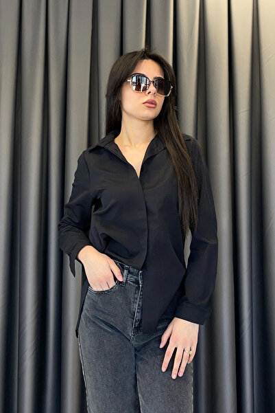 Mistix قميص بوي فريند يان شق - أسود