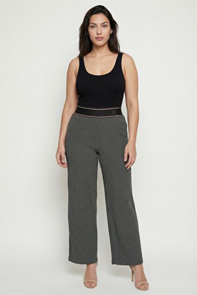 EXİTLİNE Women's Khaki Summer Pants with Ribbed Accessories and Wide-Leg Wais...