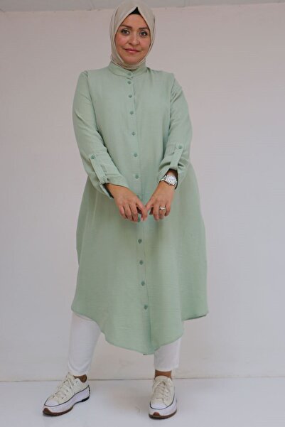 Eslina 68013 Büyük Beden Tek Düğme Detaylı Müslin Gömlek - Nefti