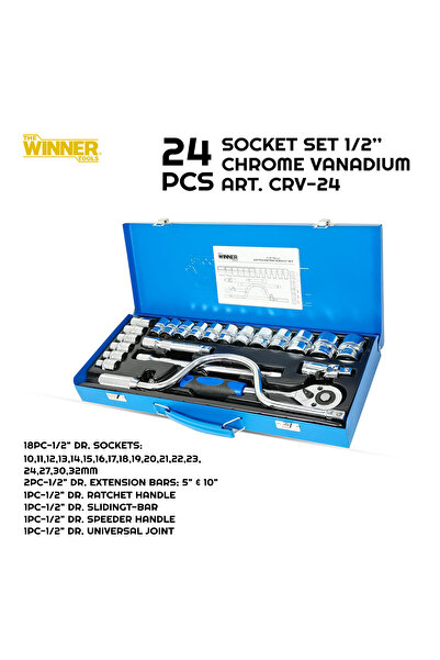 WINNER CRV-24 24pcs 1/2" Drive Chrome Vanadium Socket Set with Ratchet, Exten...
