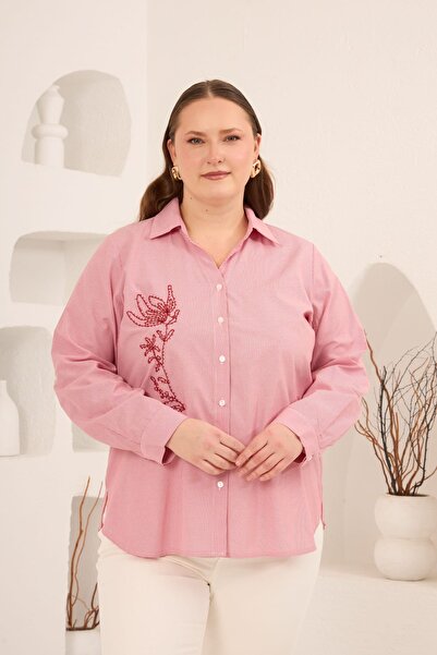 OYERGA MODA Women's Plus Size 100% Cotton Pink Striped Beaded Detailed Shirt