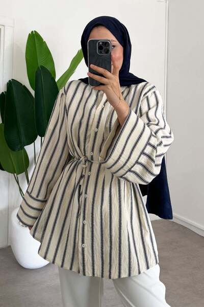 SİNDAL Çizgili Gömlek - Ekru