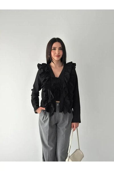 Cool & Sexy Women's Ruffle Detail Lace-Up Blouse Black