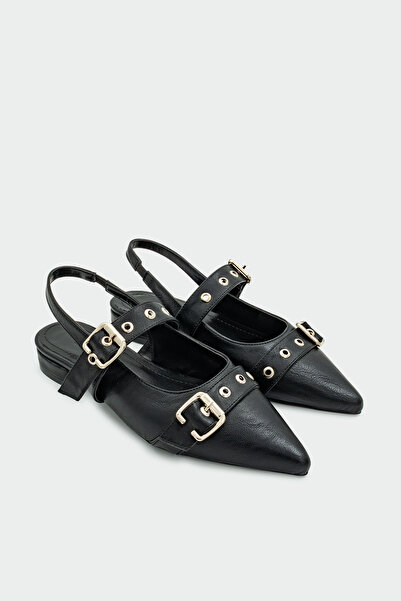 LAMİNTA Round Buckle Detail Pointed Toe Women's Black Ballet Flats