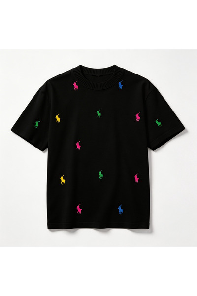 OrientC تيشيرت قطن فضفاض للجنسين، 260 غرام، تطريز مزدوج الخيوط، أسود وأبيض