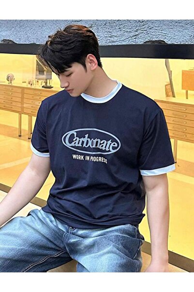 trendgar Tricou oversize albastru închis cu imprimeu Carbonate și detalii cu ...