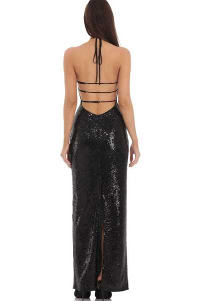 Hanife Glam Couture Hanife Glam siyah halter yaka arkadan yırtmaçlı abiye elbise