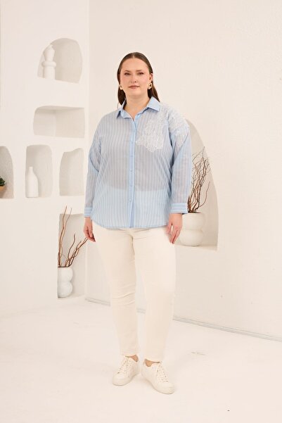 OYERGA MODA Women's Plus Size Blue Striped Lace Detailed Shirt