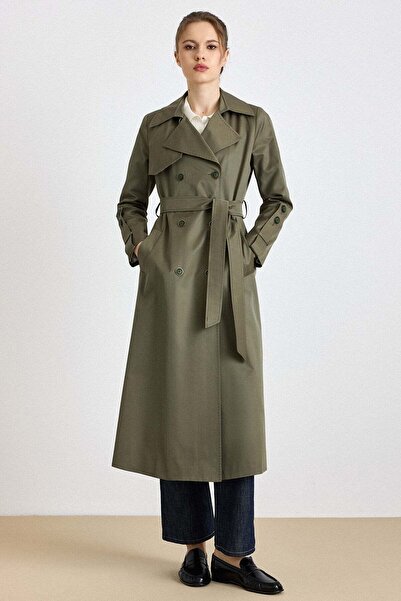 Olcay Cape Detailed Stitched Trench Coat with Water-Repellent Features Haki̇ ...