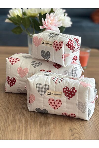 dyhandmade Kalp Desenli Makyaj Çantası Seti