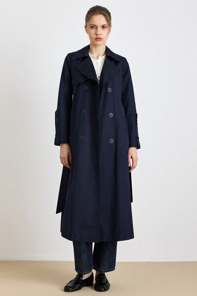 Olcay Cape Detailed Stitched Water-Repellent Feature Trench Coat Dark Blue 6826