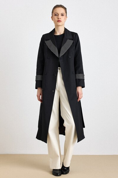 Olcay File Detailed Double-Breasted Water-Repellent Featured Trench Coat Blac...