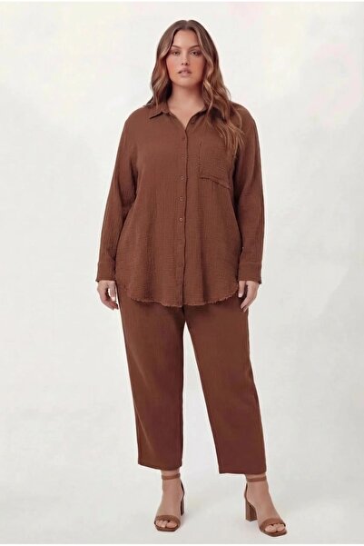 OYERGA MODA Women's Plus Size 100% Cotton Shirt and Pants Two Piece Set