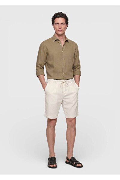 Ramsey Εκρού Απλή ύφανση Jogging Fit Casual Λινό Μικτή Βερμούδα