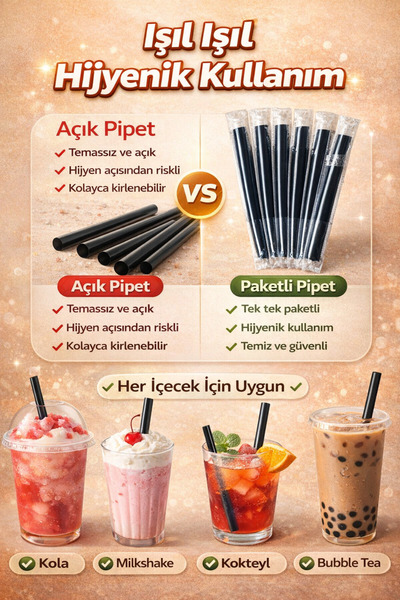 Owersea 20 Adet Siyah Pipet Jelatinli Tek Tek Paketli Plastik Pipet İçecek Pi...