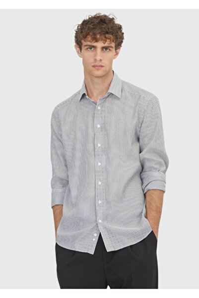 Ramsey Cămașă neagră cu dungi Casual Fit țesut Casual cu amestec de bumbac