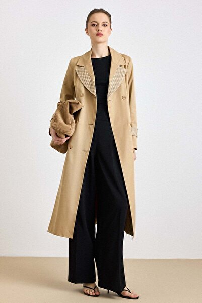 Olcay File Detailed Double-Breasted Water-Repellent Featured Trench Coat Kame...