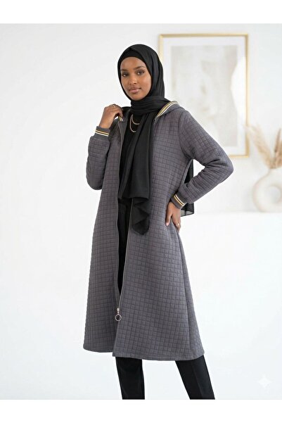 wishne Baklava Desenli Kapitone Uzun Kap - Fermuarlı Kapüşonlu Mevsimlik Pardösü