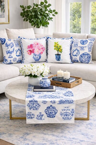 adenkahome Blue Blanc 5'li Kombin Kırlent Kılıfı ve Runner Seti