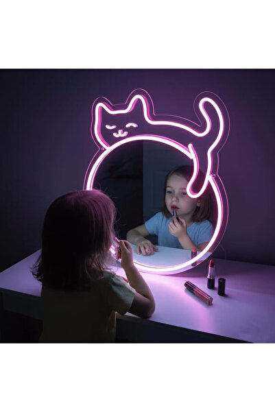 Slasa Cat Shape LED Neon Mirror Light 36x49 cm Pink Decorative Mirror with 8 ...