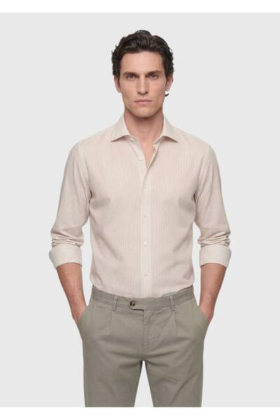 Ramsey Cămașă Bej cu dungi Casual Fit țesut Casual cu amestec de bumbac