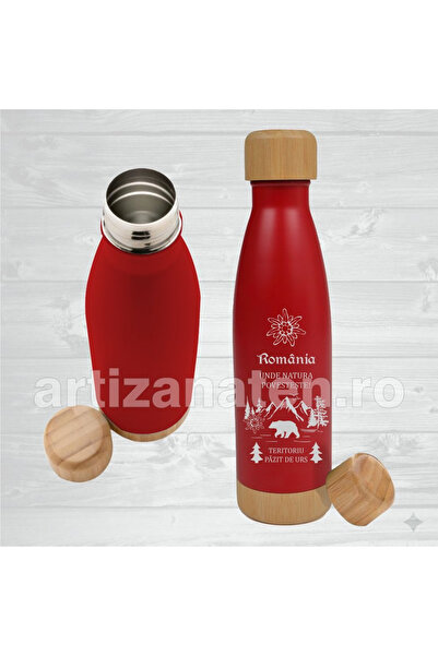 LimArt Termos 500 ml „Romania – Unde natura povesteste”,inox cu bambus, peret...