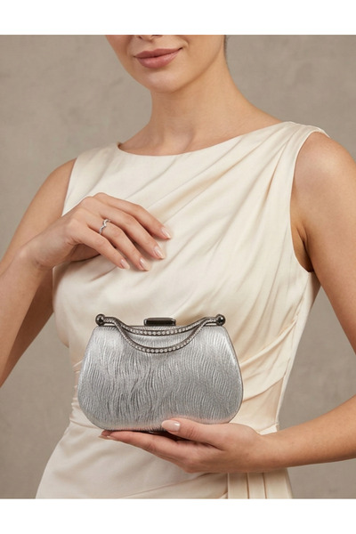 Çanta Trend فستان سهرة نسائي متموج بحزامين وترصيع بالأحجار تفاصيل سلسلة حقيبة