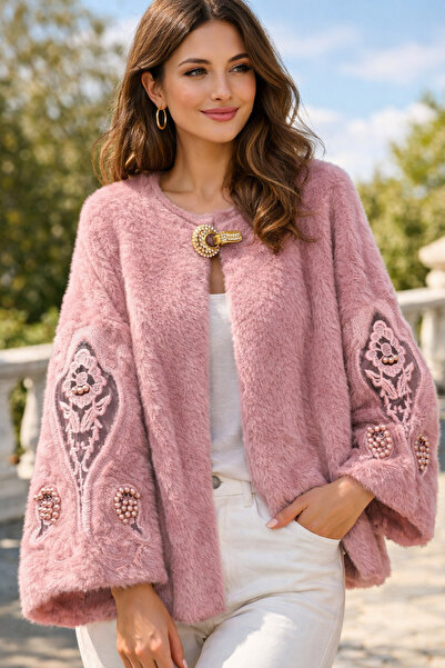 diğer 111 Kadın Pudra Angora Hırka – Nakış ve İnci Detaylı Şık Kadın Hırka/Kaban