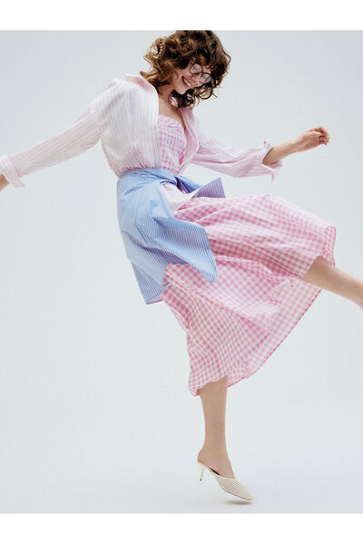 LC Waikiki XSIDE Ροζ Στράπλες Φόρεμα με Καρό Λαιμόκοψη και Στενή Εφαρμογή στη...