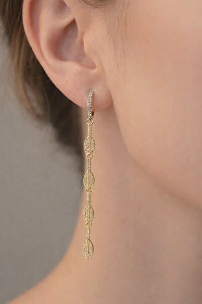 TAKIŞTIR Altın Ve Gümüş Renk Taş Detaylı Sallantılı 14K Altın Kaplama Küpe (Ç...